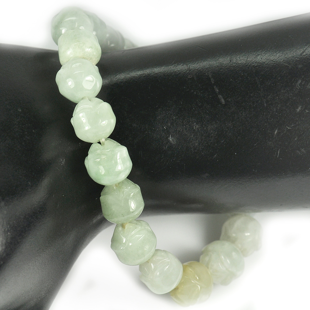 146.61 Ct. Natural Gem Green Jade Beads Flexibility Bracelet Carving 7 Inch.